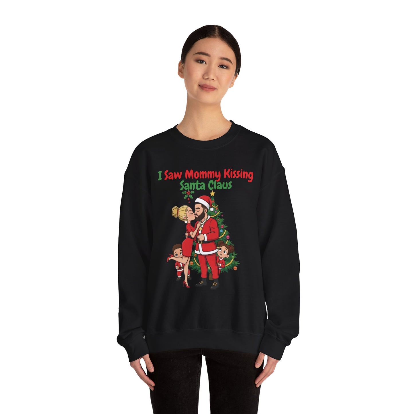 Mommy Kissing Santa Claus (Light Tone) Unisex Ugly Christmas Sweatshirt