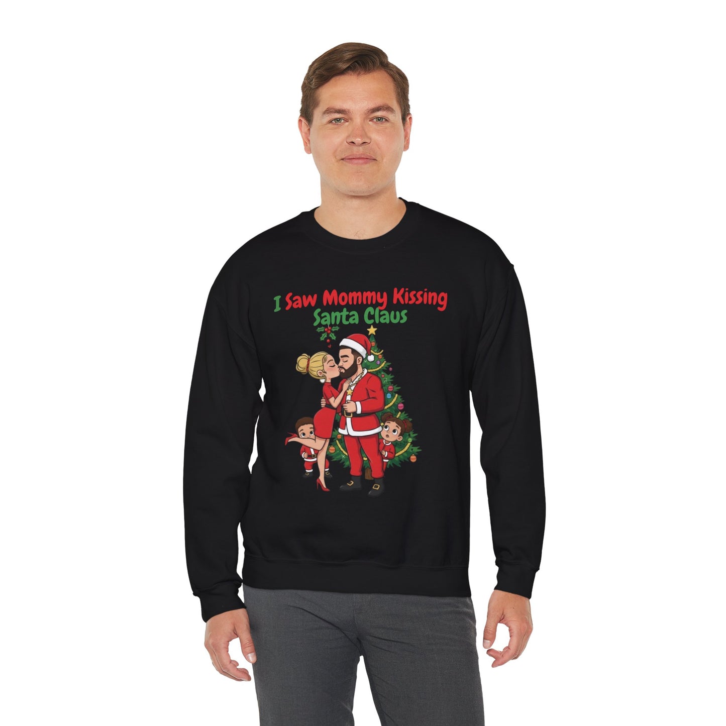 Mommy Kissing Santa Claus (Light Tone) Unisex Ugly Christmas Sweatshirt