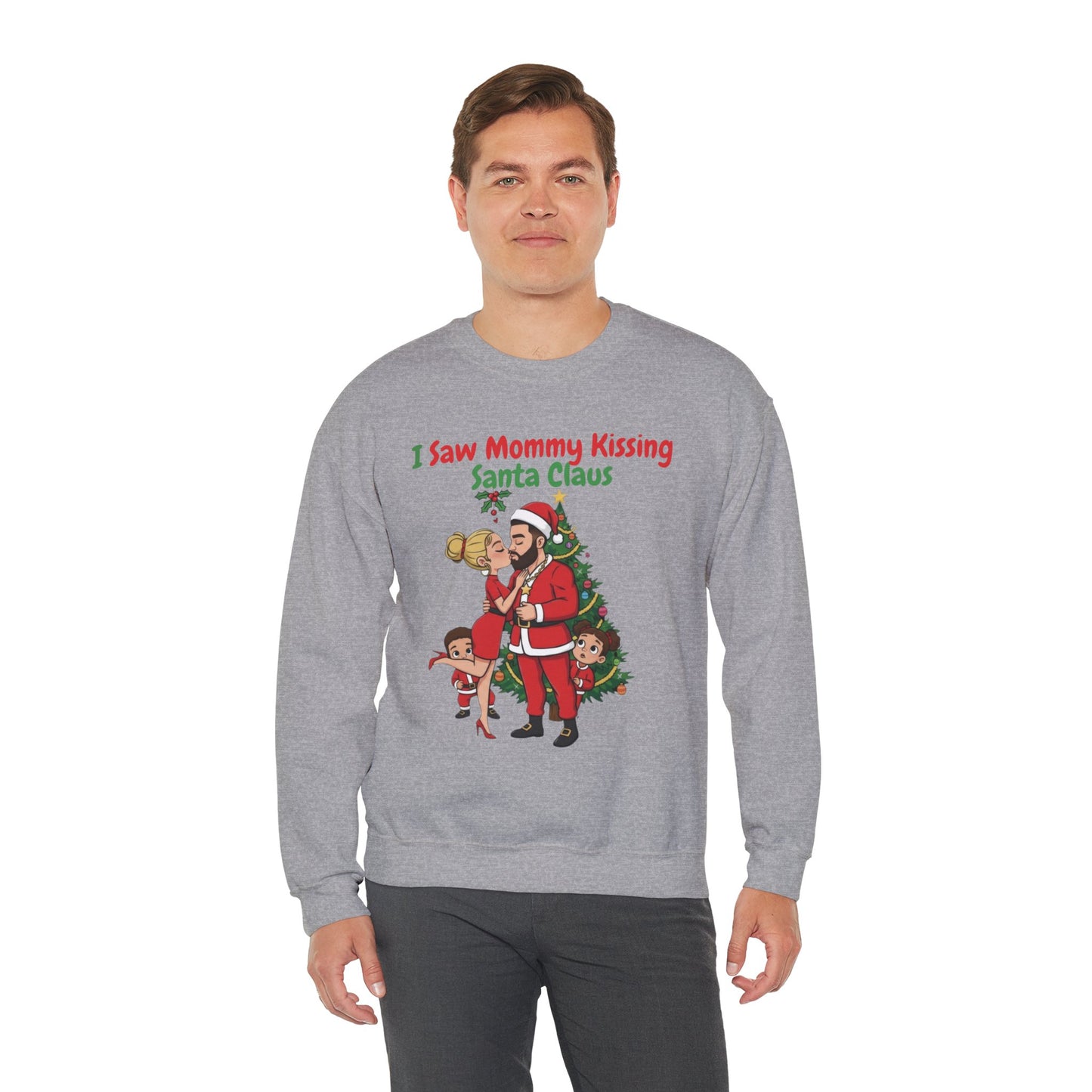 Mommy Kissing Santa Claus (Light Tone) Unisex Ugly Christmas Sweatshirt