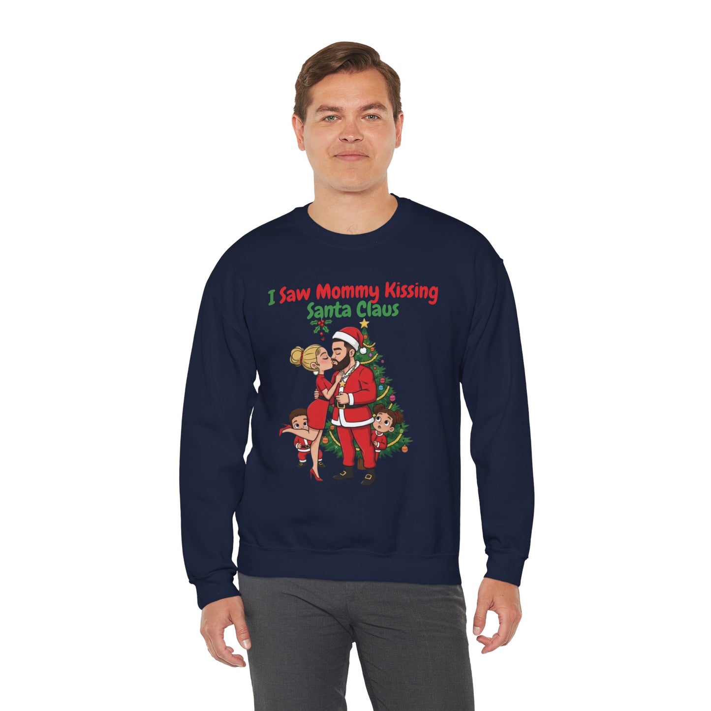 Mommy Kissing Santa Claus (Light Tone) Unisex Ugly Christmas Sweatshirt