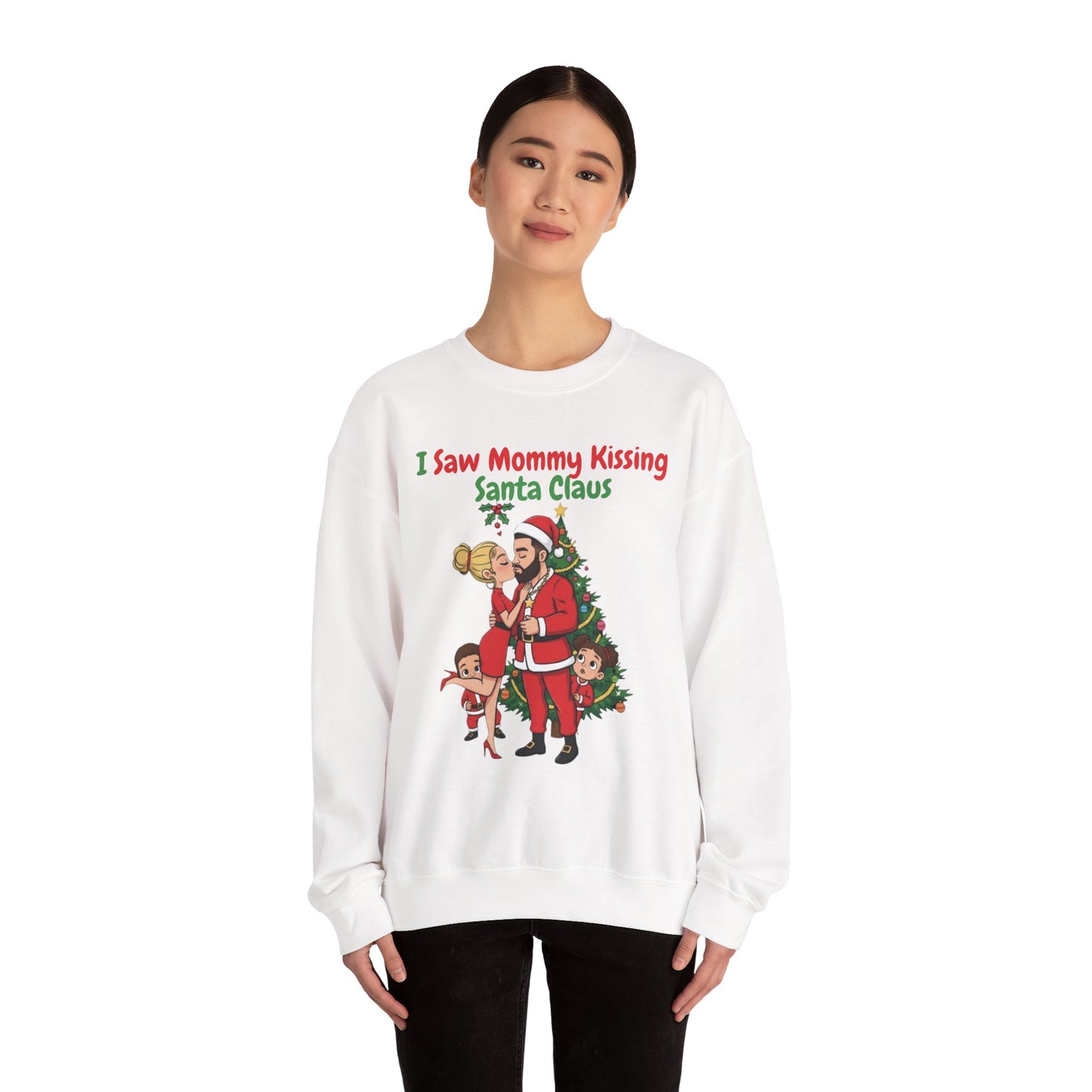 Mommy Kissing Santa Claus (Light Tone) Unisex Ugly Christmas Sweatshirt