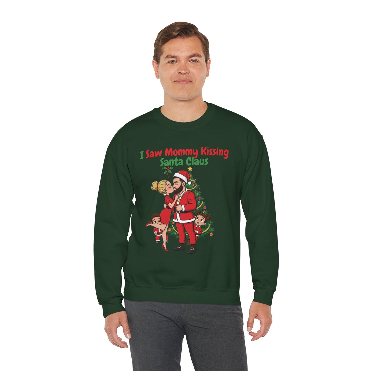Mommy Kissing Santa Claus (Light Tone) Unisex Ugly Christmas Sweatshirt